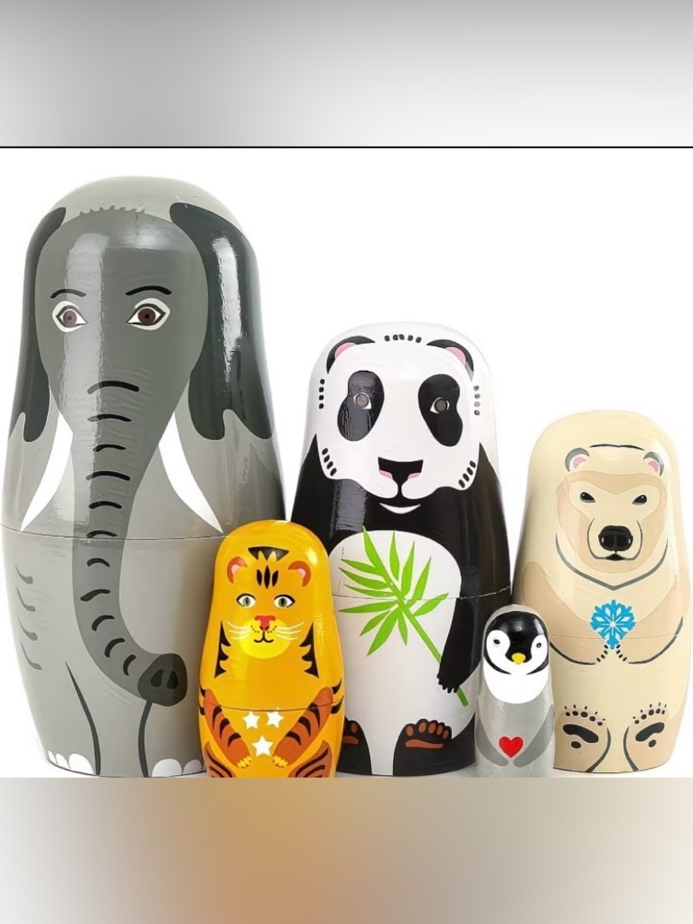Wooden Animal Nesting Dolls Set - Gray/White/Yellow/Pink